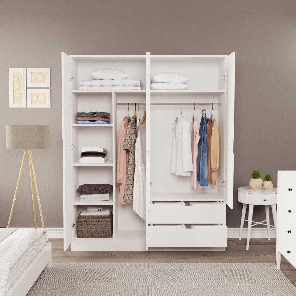 Lina 4 Kapak 2 Çekmeceli Gardırop Beyaz-Beyaz