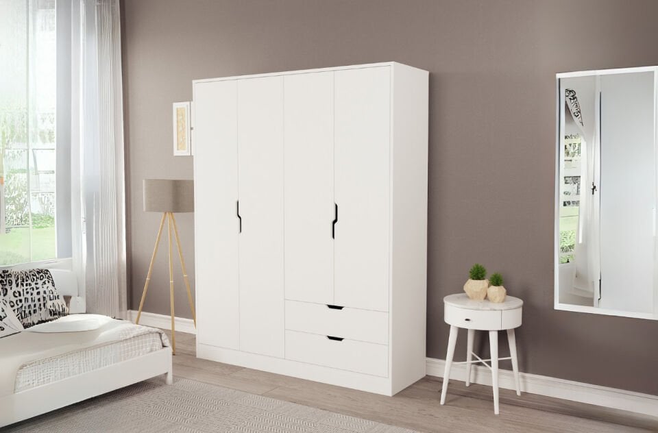 Lina 4 Kapak 2 Çekmeceli Gardırop Beyaz-Beyaz