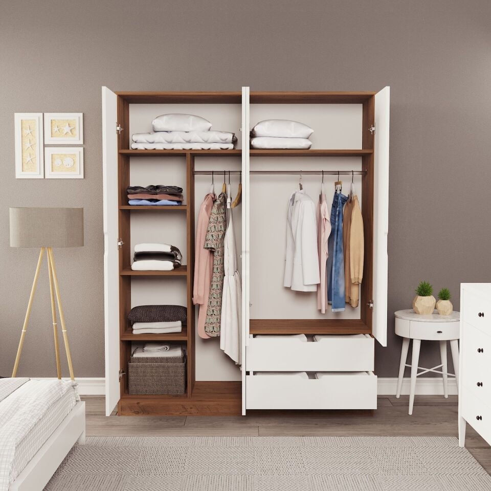 Lina 4 Kapak 2 Çekmeceli Gardırop Atlantik-Beyaz