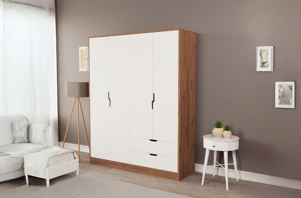 Lina 4 Kapak 2 Çekmeceli Gardırop Atlantik-Beyaz