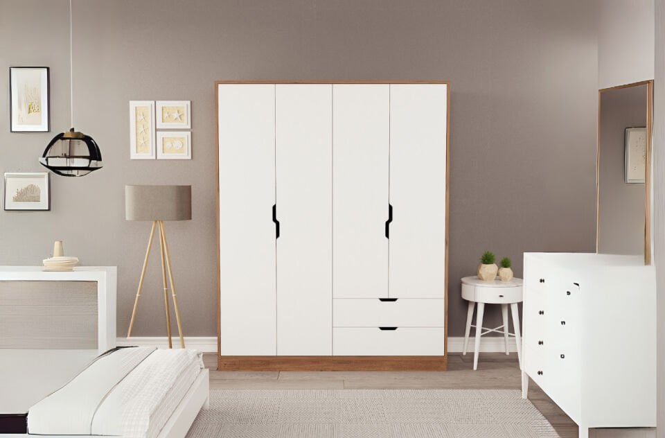 Lina 4 Kapak 2 Çekmeceli Gardırop Atlantik-Beyaz