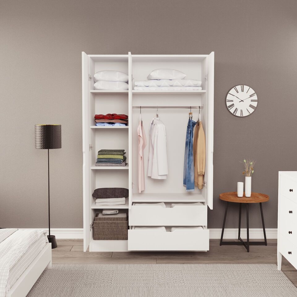 Lina 3 Kapak 2 Çekmeceli Gardırop Beyaz-Beyaz