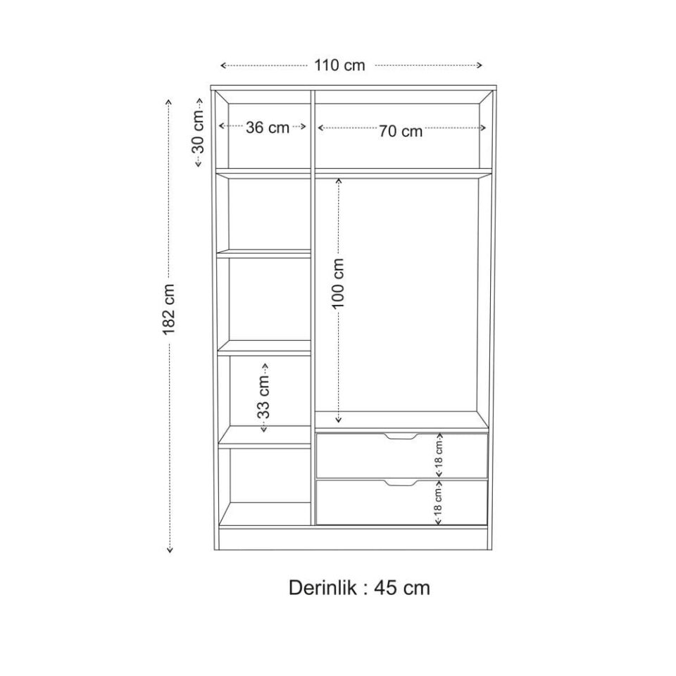 Lina 3 Kapak 2 Çekmeceli Gardırop Beyaz-Beyaz