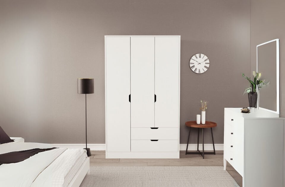 Lina 3 Kapak 2 Çekmeceli Gardırop Beyaz-Beyaz