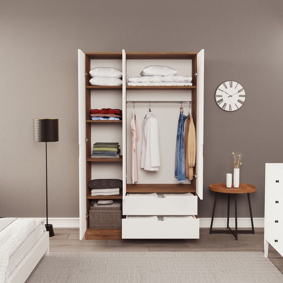 Lina 3 Kapak 2 Çekmeceli Gardırop Atlantik-Beyaz