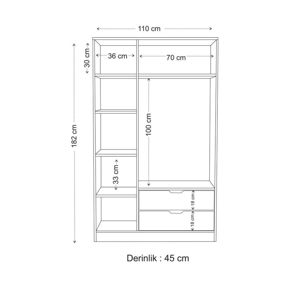 Lina 3 Kapak 2 Çekmeceli Gardırop Atlantik-Beyaz