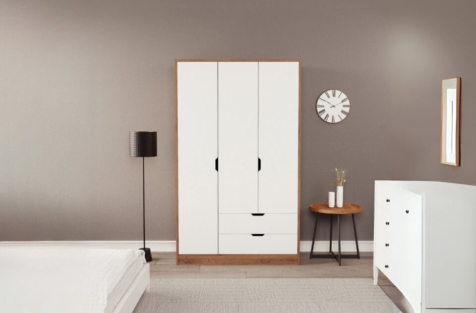 Lina 3 Kapak 2 Çekmeceli Gardırop Atlantik-Beyaz