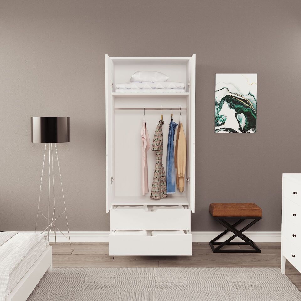 Lina 2 Kapak 2 Çekmeceli Gardırop Beyaz-Beyaz