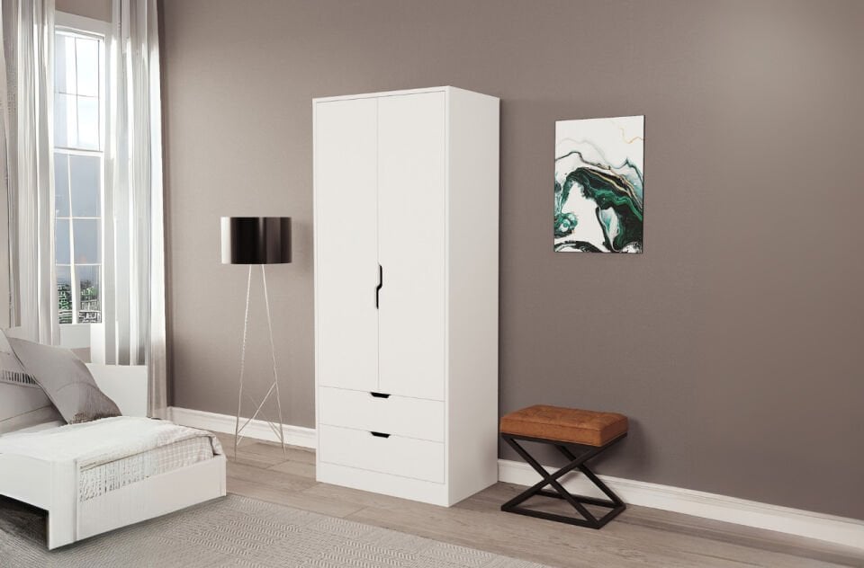 Lina 2 Kapak 2 Çekmeceli Gardırop Beyaz-Beyaz