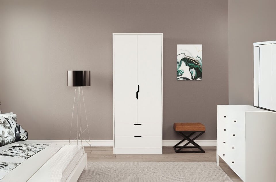 Lina 2 Kapak 2 Çekmeceli Gardırop Beyaz-Beyaz