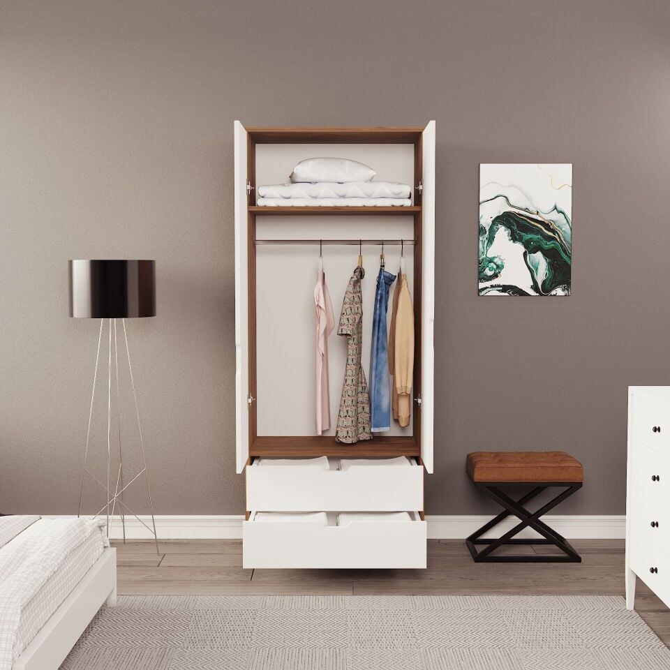 Lina 2 Kapak 2 Çekmeceli Gardırop Atlantik-Beyaz