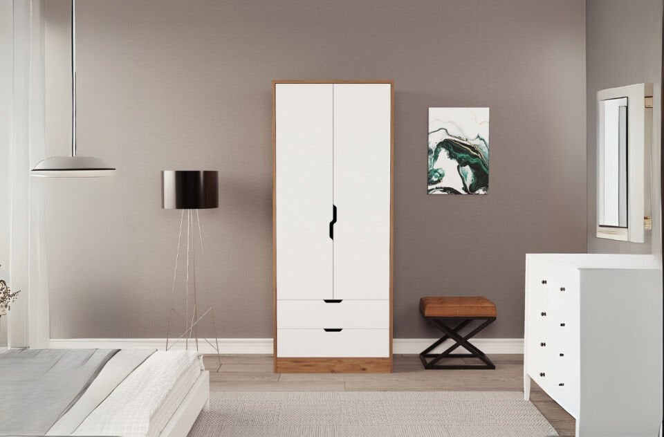 Lina 2 Kapak 2 Çekmeceli Gardırop Atlantik-Beyaz